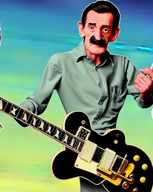 Prompt: barry chuckle ( shredding on a gibson les paul, art by glenn fabry and frank frazetta, 3 d rendering by beeple, 8 k )