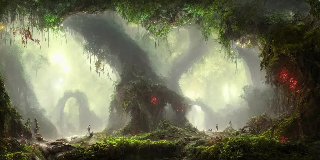 Image similar to a digital painting of a cave entrance in a mystical forest with vines hanging from trees, fireflies glowing in various colors, desaturated, a detailed matte painting by stephan martiniere, cgsociety, fantasy art, matte painting, concept art, fractalism