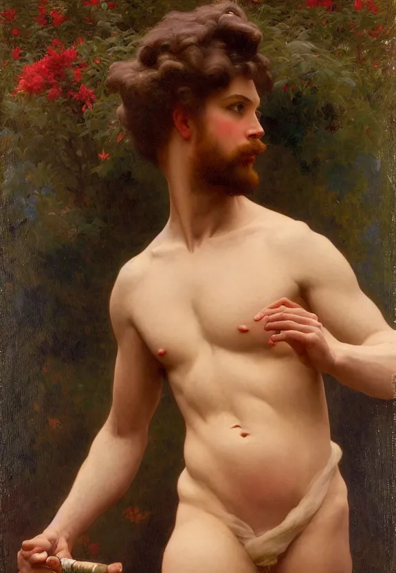 Image similar to attractive handsome fully clothed beck hansen confesses his love for attractive fully armored bjorl. centered composition. highly detailed painting by gaston bussiere and j. c. leyendecker and william adolphe bouguereau and fra angelico and octane render, musee d'orsay 8 k