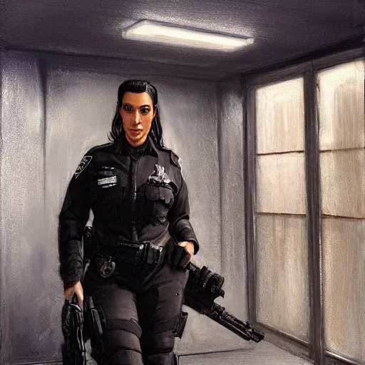 Image similar to kim kardashian as a cop, police uniform, full body view, full pov, haunted house interior, pretty, aesthetic, dust molecules, matte detailed photo, DeviantArt, Artstation, by donato giancola, ralph horley, loish, cinematic lighting