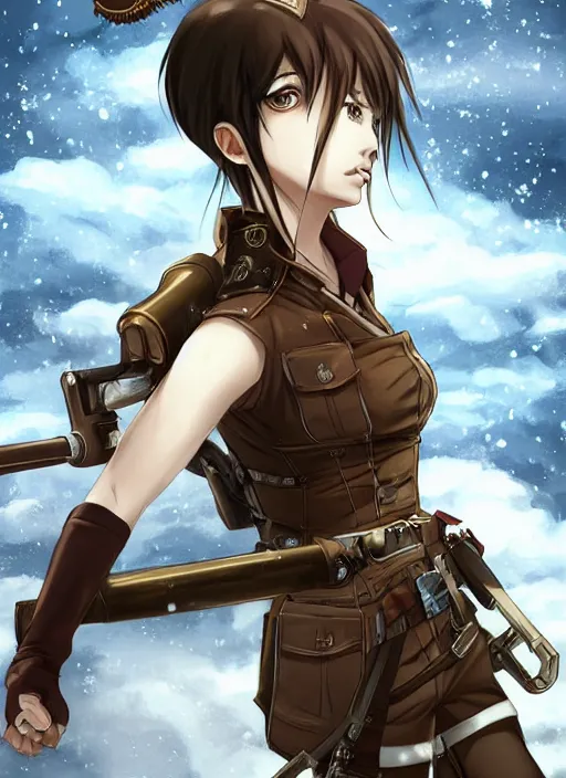 Prompt: girl with steampunk weapons and uniform, serious, intense, finely detailed, made by artgerm, full body portrait, illustration, snow, snowing, cloudy, anime, side view, perfect anime face, realistic face, zoomed out, smooth, brown eyes, high waisted shorts, sharp focus, key visual of attack on titan, symmetrical