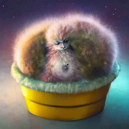 Image similar to long shot of a very fluffy furry alien chick nesting in a floral cup, esao andrews, by m. w. kaluta, humorous illustration, hyperrealistic, tilt shift, warm colors, night scenery, low light, 3 d octane render, 4 k, volumetric lights, smooth, cosy atmosphere, conceptart, hyperdetailed, trending on deviantart