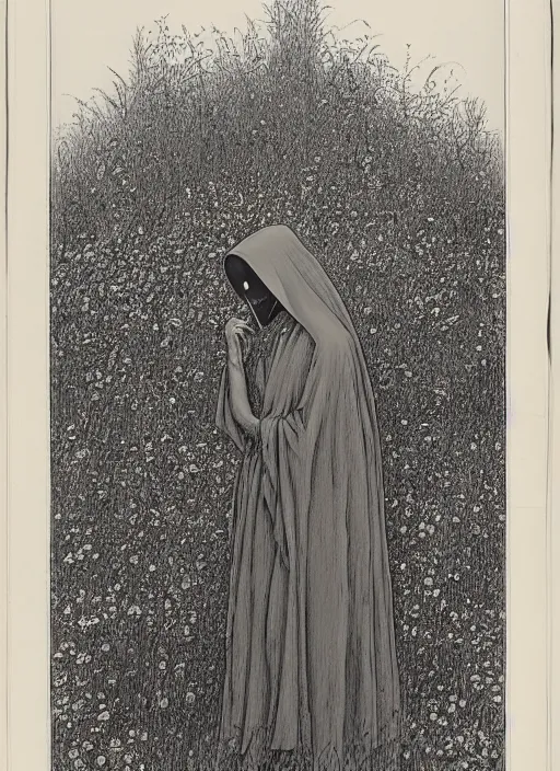 Image similar to portrait of faceless grim reaper with veil over face at distance in beautiful meadow of flowers, detailed pencil illustration by gustave dore, highly detailed, centered, high resolution, smooth, sharp focus, illustration