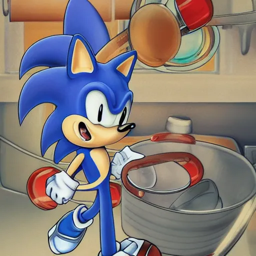 Image similar to sonic the hedgehog, washing dishes, Trending on Artstation, Hiroaki Tsutsumi style