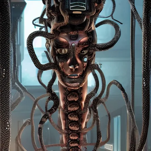 Prompt: the upper torso of a terminator gorgon medusa with borg implants, human face and robotic snakes coming out of her head is hanging from cables and wires off the ceiling of a lab. Her bottom half is missing with cables hanging out. She is taking a sip from a cup of coffee. very detailed 8k. Horror cyberpunk style. Unreal engine 5 render with nanite, path tracing and cinematic post processing. Sharp.