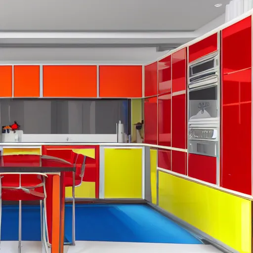 Image similar to 1970's futurist interior kitchen, furnished by aero aarino, primary colors are white, orange, yellow, and red unreal engine 8k resolution