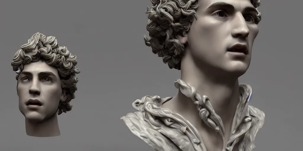 Image similar to a perfect porcelain Baroque style bust of handsome young Spanish man with pipe cleaners coming out of the neck, photorealism, octane render, depth of field, 8k, 35mm, artgem, Trending on artstation