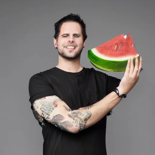 Prompt: portrait photo of matt shadows holding an invisible watermelon, color, studio lighting