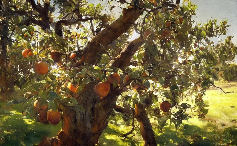 Image similar to oil painting lanscape by anders zorn, nature, fruit trees, very very very very beautiful art, dramatic light, complex robitics closeup, motorized robot