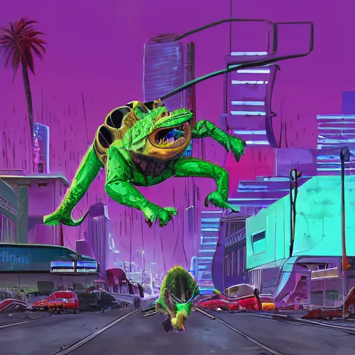 Prompt: gigantic building hovering above a city, long thick cables and trash hanging from underneath, smoke and thick dust in the air, rays of light, neon billboards and dried palmtrees in the streets, a reptile mutant wrestler in fighter pose levitates in the center of the epic scene, scifi, illustration