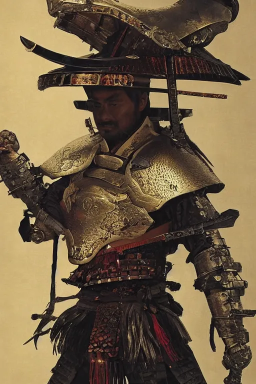 Prompt: close up of a wandering samurai in full armor resembling dragon skin and a helmet resembling a dragon head, resting in a dark bamboo forest, by huang guangjian and gil elvgren, sachin teng, greg manchess