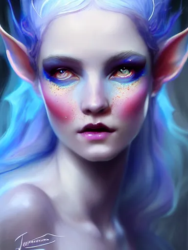 Image similar to the elven queen with blue skin by james jean, charlie bowater, tom bagshaw, nikolay makovsky : : enchanting, ethereal, magical, portrait, character design, illustration, hyperrealism, photorealism, digital art, concept art, fantasy, whimsy, weta, wlop, artstation