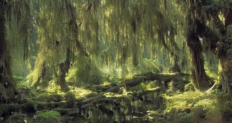 Image similar to ancient willow forest, hemlocks, moss, stream, intricate, vivid colors, elegant, highly detailed, ivan shishkin, john park, frazetta, john howe, ruan jia, jeffrey catherine jones