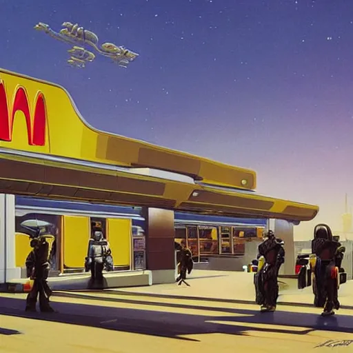 Prompt: intricately detailed ralph mcquarrie concept art of a futuristic mcdonalds with the golden arches displayed. a space station is seen off in the distance with various droids and people walking in the foreground. a trooper is seen holding a brown mcdonalds bag.