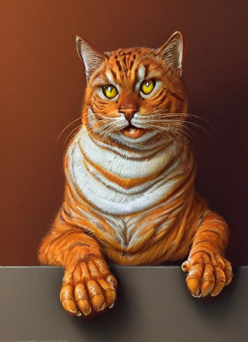 Image similar to portrait of Garfield, highly detailed, centered, solid color background, digital painting, artstation, concept art, smooth, sharp focus, illustration, artgerm, donato giancola, Joseph Christian Leyendecker, Les Edwards, Ed Repka, WLOP, Artgerm