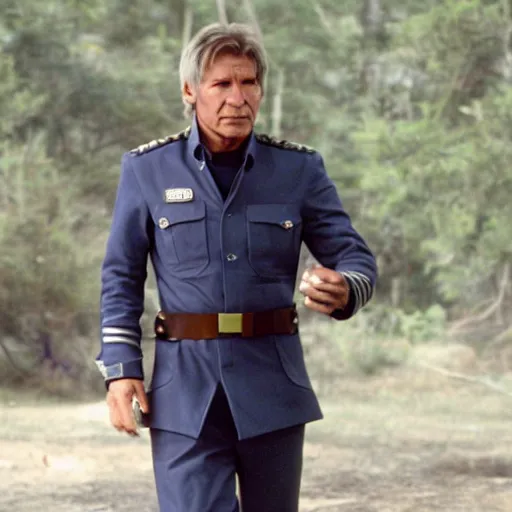 Image similar to A still of Harrison Ford as Commander Adama in Battlestar Galactica (2003), wearing a dark blue colonial uniform