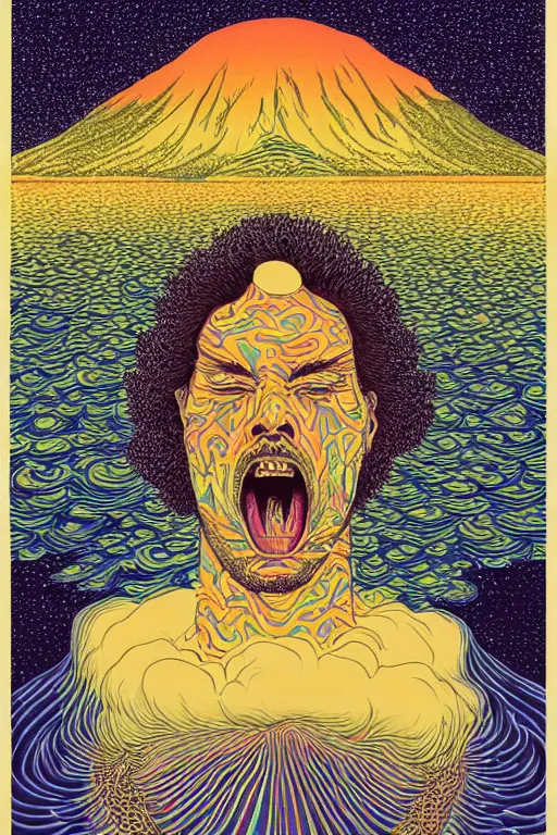 Prompt: man eats a tab of LSD acid on his tongue and dreams psychedelic hallucinations, screenprint by kawase hasui, alex grey and dan hillier, colorful flat design, hd, 8k