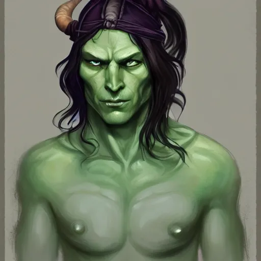 Prompt: dnd head and shoulders portrait, green - skinned, male tiefling, pirate, sickly, untrustworthy, horned, blindfolded, greasy long black hair, scrawny, by charlie bowater, lise deharme, wlop, trending on artstation, dungeons and dragon, dnd, pathfinder, fanart, oil on canvas