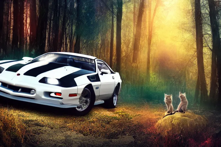 Image similar to reflective white pontiac firebird with kittens drawn on it, dramatic, cinematic, forest, volumetric lighting