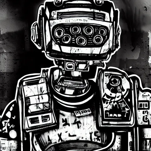 Image similar to chappie, back and white, zef design graffiti in the background, dark lighting, digital art