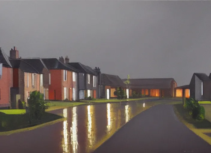 Prompt: oil landscape painting of a British housing estate, ambient light, grey skies and rain, high detail