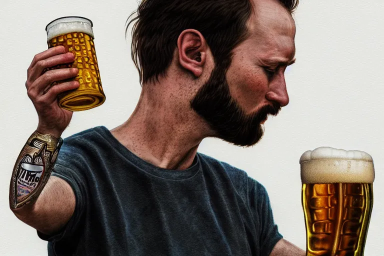 Image similar to portrait of Man drinking beer from steel can, elegant, highly detailed, smooth, photoreal, sharp focus, illustration, beautiful, geometric, dmt trending on artstation, cinematic, artwork by WLOP