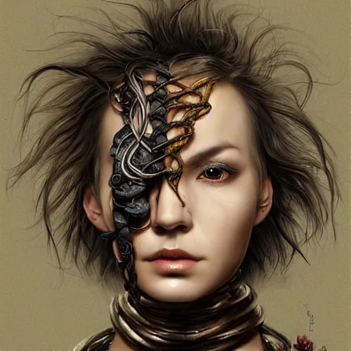 Image similar to portrait of a Shibari rope wrapped face and neck, headshot, insanely nice professional hair style, dramatic hair color, digital painting, of a old 15th century, old cyborg merchant, amber jewels, baroque, ornate clothing, scifi, realistic, hyperdetailed, chiaroscuro, concept art, art by Franz Hals and Jon Foster and Ayami Kojima and Amano and Karol Bak,