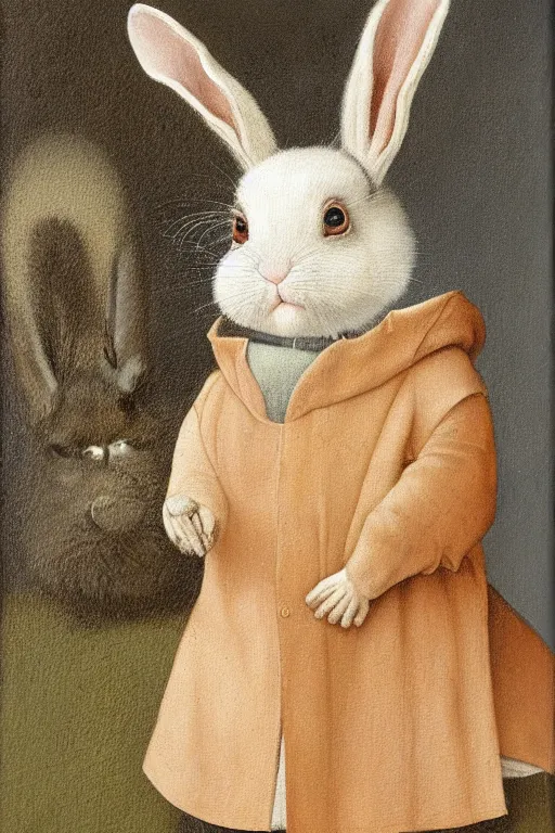 Prompt: silly hierronymus bosch oil painting portrait of a bunny in a coat. muted colour palette