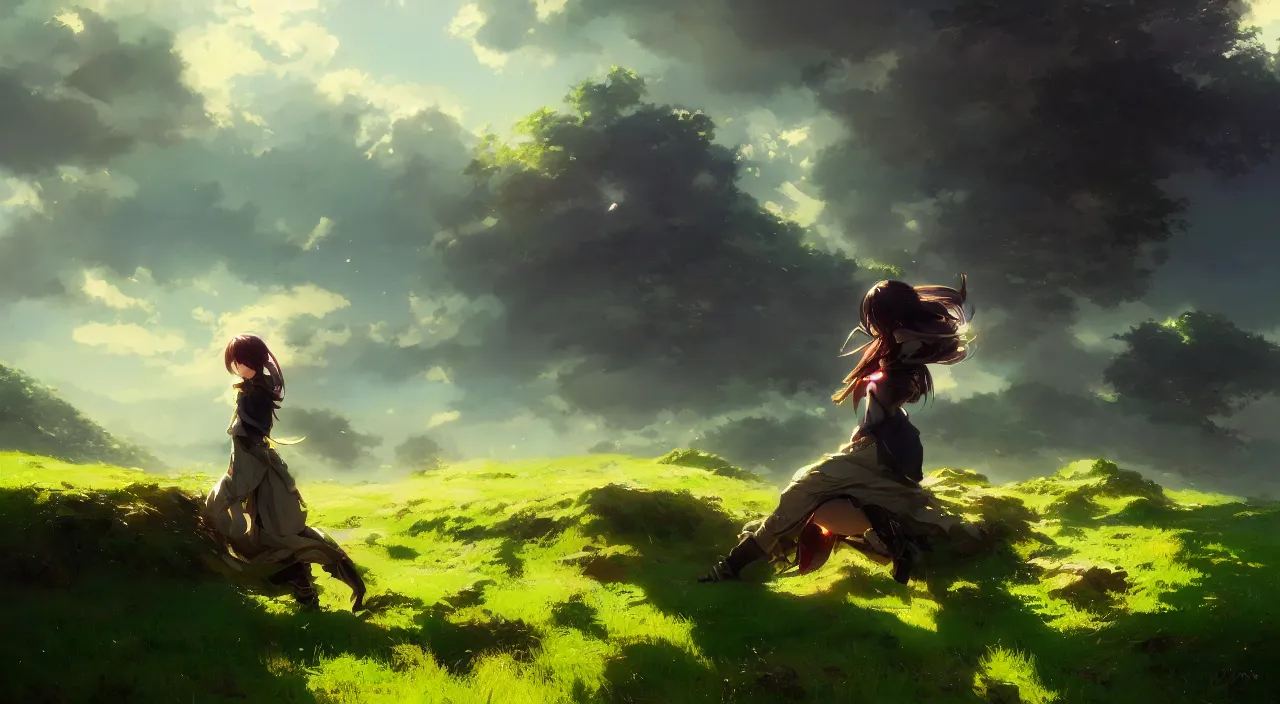 Prompt: beautiful anime wallpaper, landscape, green rolling hills, bright, intricate, sharp focus, lens flare, bloom, illustration, highly detailed, digital painting, concept art, matte, art by ruan jia and wlop and greg rutkowski, masterpiece