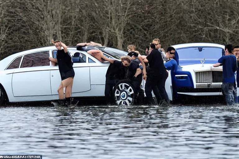 Image similar to A group of teenagers are behind a Rolls-Royce holding him by the boot and pushing him into a white lake from a small slide