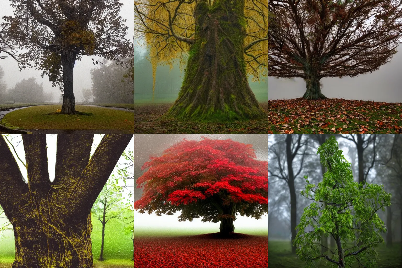 Prompt: a tree with human fingers for leaves in a bloody rain storm