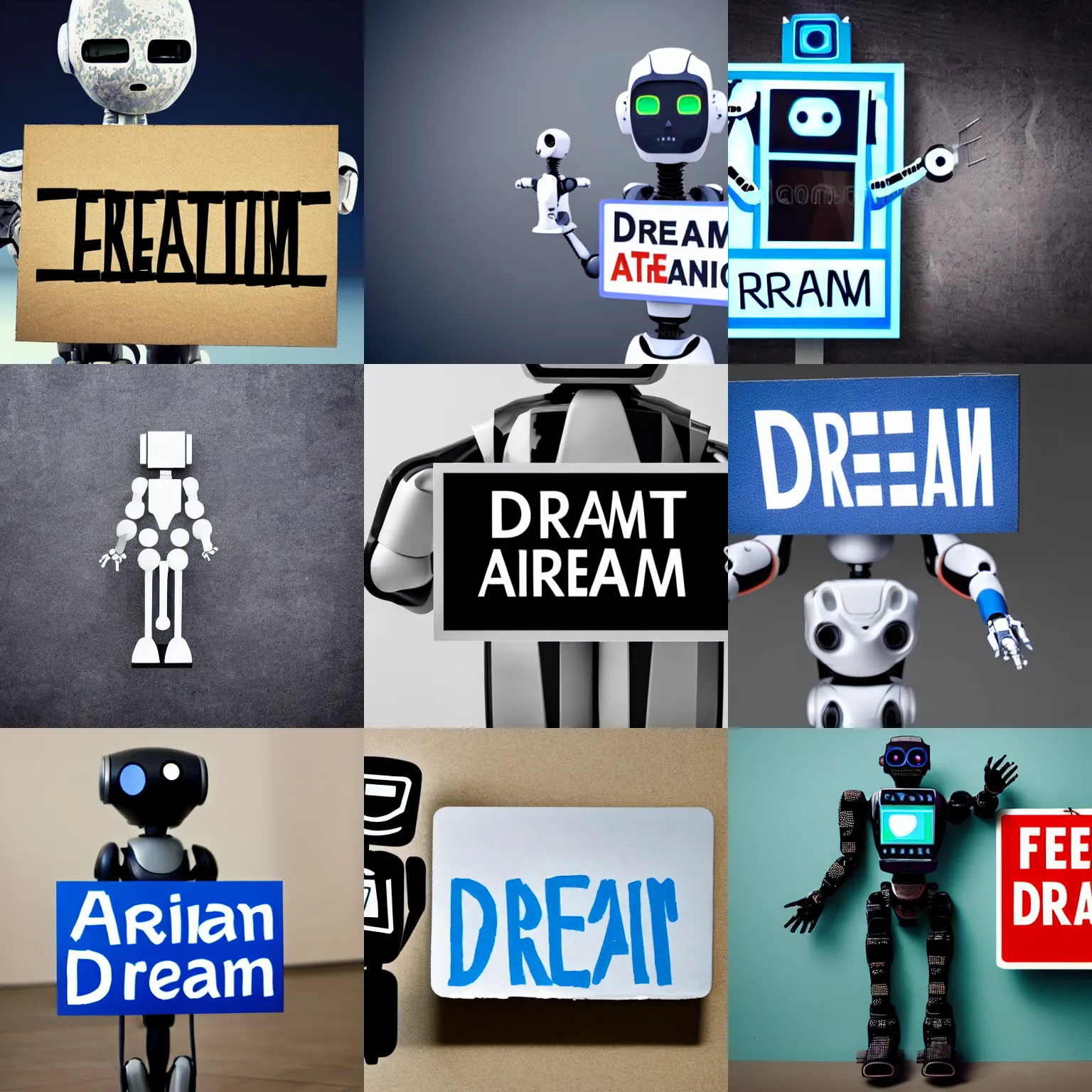 Image similar to artificial intelligence robot holding a sign with text that reads : dream