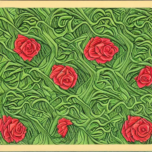 Image similar to green dragon surrounded by tessellation of roses, by mc escher