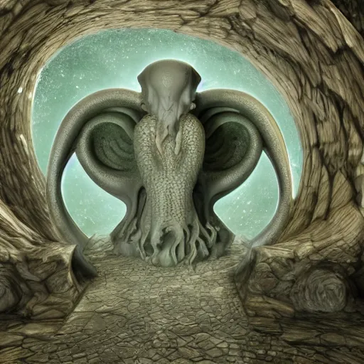 Prompt: a gateway to heaven in a surreal and organic stone monument to cthulhu