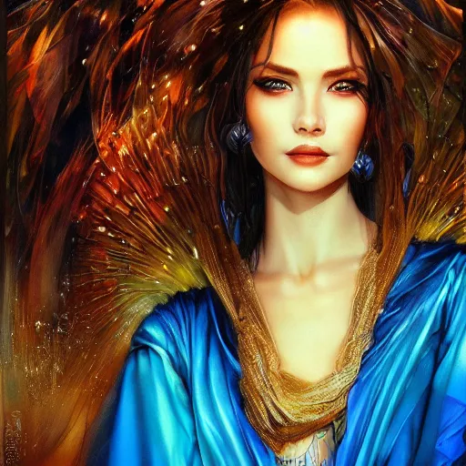 Prompt: a beautiful woman wearing a kaftan manipulating water by karol bak, ayami kojima, artgerm, river, water, blue eyes, smile, concept art, fantasy