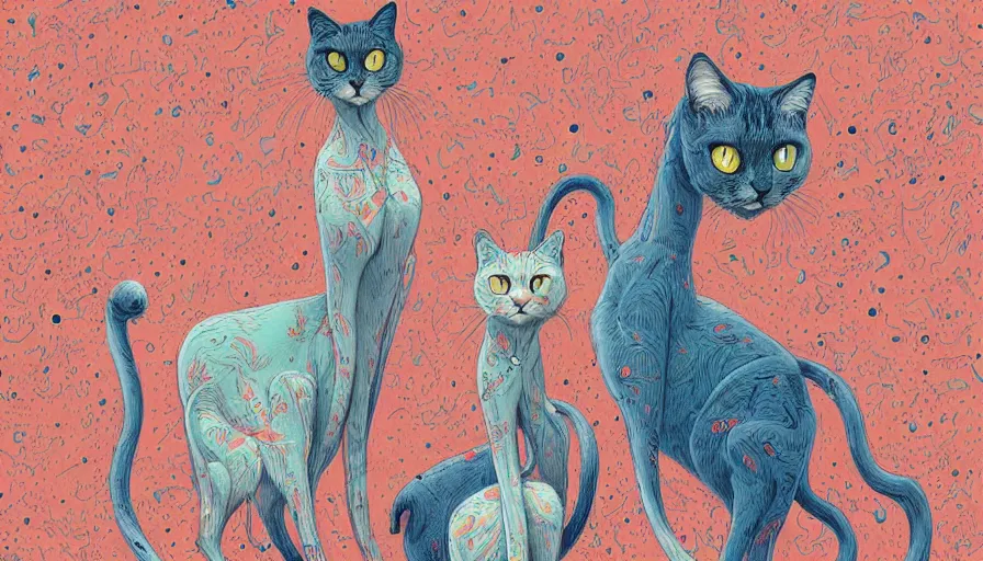 Image similar to artwork of really tall sitting cats by james jean, thick brush, 4 k resolution