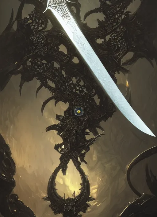 Image similar to legendary sword of technology, intricate black and iridescent blade, ornate gothic baroque spikes, glowing handle, detailed realistic, ray tracing, colored gems, art by greg rutkowski