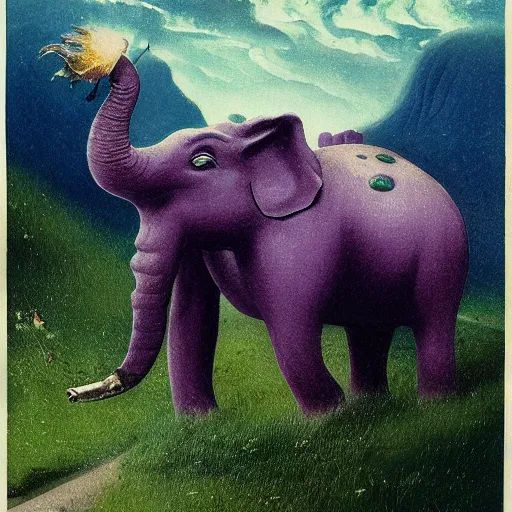 Prompt: purple elephant running stuck in a cave, close up camera angle, raining, mountain behind meadow, menacing, illustration, detailed, smooth, soft, cold, by Adolf Lachman, Shaun Tan, Surrealism