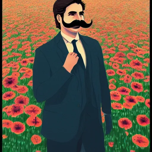 Prompt: portrait of a man with a moustache standing in front of flowers, tumblr contest winner, aestheticism, masculine, aesthetic, ilya kuvshinov