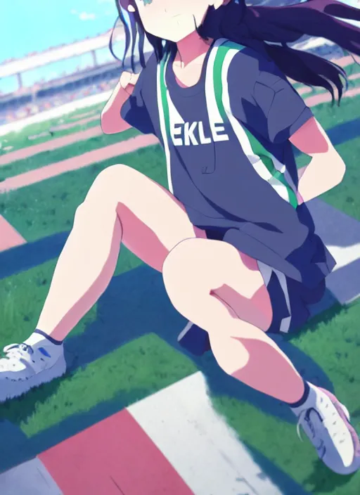 Image similar to portrait of high school runner girl, sunny sky background stadium landscape illustration concept art anime key visual trending pixiv fanbox by wlop and greg rutkowski and makoto shinkai and studio ghibli and kyoto animation real face short down hair sports clothing marathon race sponsors nike shirt