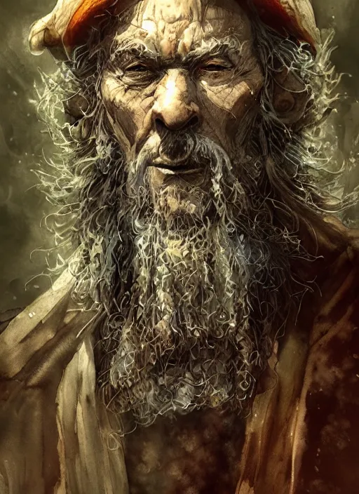 Image similar to portrait, elderly male mushroom druid, watercolor, dramatic lighting, cinematic, establishing shot, extremely high detail, foto realistic, cinematic lighting, pen and ink, intricate line drawings, by Yoshitaka Amano, Ruan Jia, Kentaro Miura, Artgerm, post processed, concept art, artstation, matte painting, style by eddie mendoza, raphael lacoste, alex ross