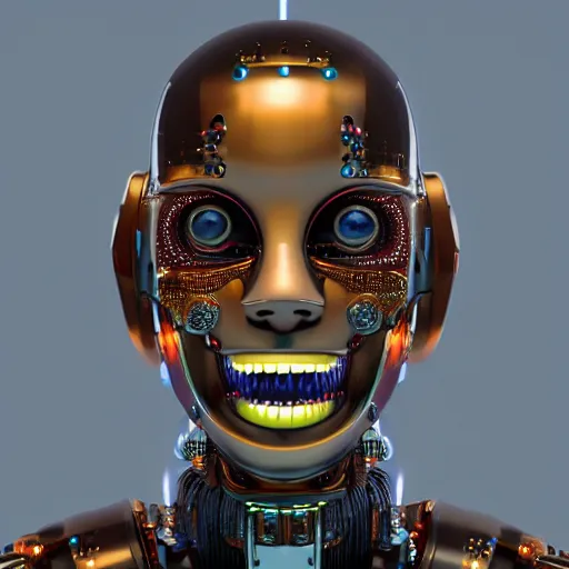 Prompt: Soundcloud robot rapper full of face tattoos and grills in its teeth, designed by Luigi Colani, smooth curvature design, ultra detailed, highly capsuled, detailed full body concept art, digital art, detailed intricate elegant, octane render, futuristic, led lights, 8k, 100 mm lens