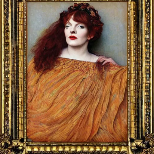 Image similar to preraphaelite portrait photography masterpiece hybrid of judy garland and florence welch, reclining, william holman hunt, ford madox brown, brown hair fringe, yellow ochre ornate medieval dress, william morris, framed 4 k