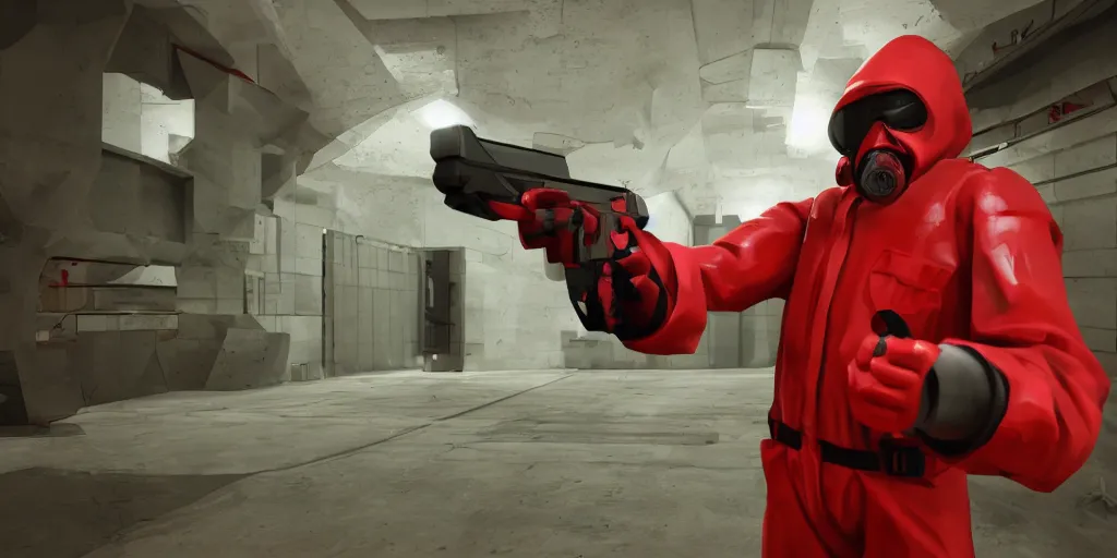 Prompt: red hazmat holding a minimalist shotgun, in an underground facility, sterile, MC Escher style architecture, human farm, action shot, cinematic, unreal engine, concept art