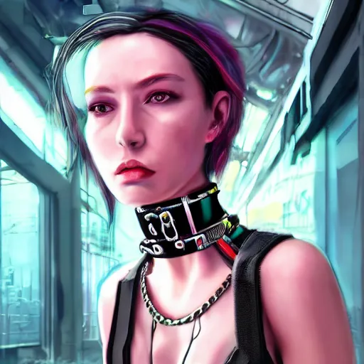 Image similar to detailed realistic cyberpunk female character cyberpunk wearing steel collar around neck, realistic, art, beautiful, 4K, collar, choker, collar around neck, punk, artstation, detailed, female, woman, choker, cyberpunk, neon, punk, collar, choker, collar around neck, thick collar, choker around neck, wearing choker, wearing collar, bright neon punk hair,