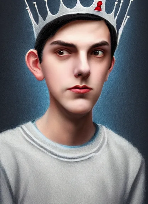 Image similar to portrait of teenage jughead jones wearing a light grey crown, photorealistic, crown, eyes closed, crown, black hair, sweater with letter s on it, letter s, intricate, elegant, glowing lights, highly detailed, digital painting, artstation, concept art, smooth, sharp focus, illustration, art by wlop, mars ravelo and greg rutkowski