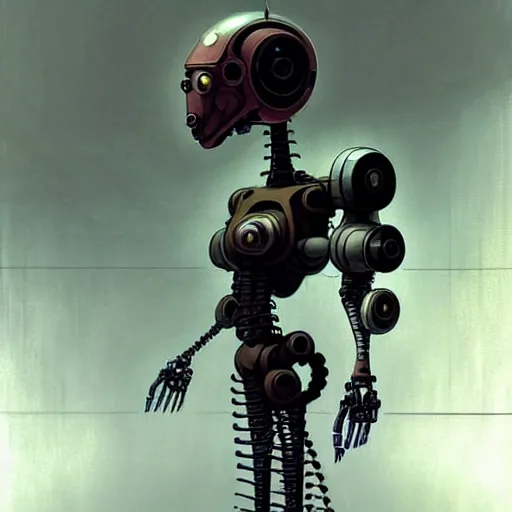 Image similar to detailed concept art of a diesel punk robot in an empty room in a muted color palette, trending on artstation, award - winning video game concept art by jim burns and greg rutkowski, beksinski, a sci - fi concept art masterpiece, james gilleard, bruegel, alphonse mucha, and yoshitaka amano.