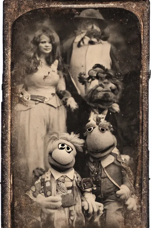 Image similar to a tintype photo of a muppet, muppet, muppet, muppet