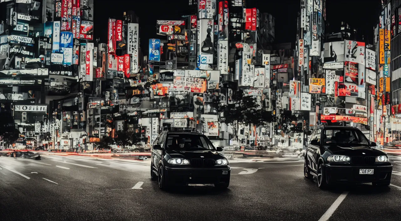 Prompt: photo of a black bmw x 5 2 0 0 3 at night driving fast through a city, cinematic, 4 k, long exposure photography, tokyo drift, fast and furious, kodak portra 4 0 0