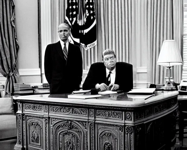Prompt: a reptilian alien, wearing a suit, in the oval office, 1951, early black and white photo, cdx